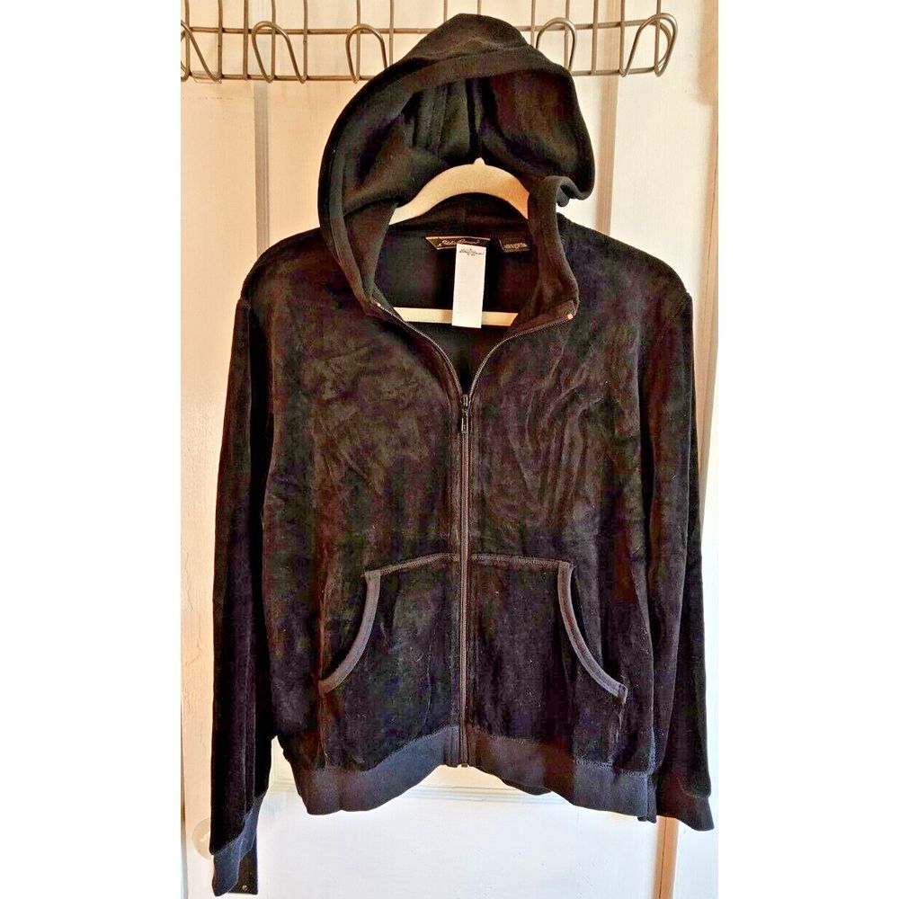 NWT Vtg Eddie Bauer long sleeves velvet hoodie woman‎ Sz M black full zip